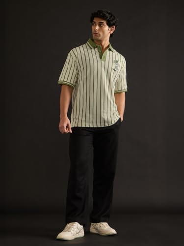 Image of The Souled Store Popeye: Tough Stuff Men and Boys Short Sleeve Spread Collar Light Green Striped Embroidered Cotton Breathable Lightweight Oversized Polos