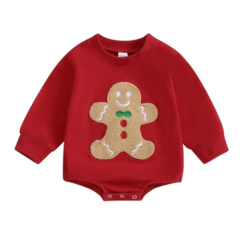 Christmas Baby Clothes Newborn Baby Boy Girl Sweatshirt Romper Jumpsuit My First Christmas Outfit Fall Winter Outfits (Gingerbread man-Red, 12-18 Months)