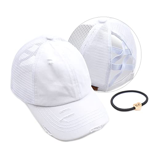 C.C Exclusives Washed Distressed Cotton Denim Criss-Cross Ponytail Hat Baseball Cap Bundle Hair Tie (BT-780) (White)
