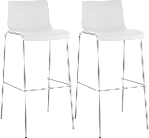 CLP Lot 2 Tabourets De Bar Assise en Plastique I Chaise Haute De Bar avec Dossier Et Repose-Pieds I Piètement en Métal, Couleur:Blanc, Couleur du Cadre:Chrome