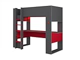 Cama Alta Gamer Noah con Escritorio y Compartimentos - 90 x 200 cm - con Leds - Antracita y Rojo
