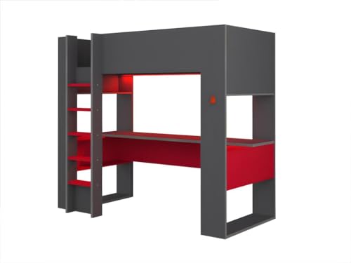 Cama Alta Gamer Noah con Escritorio y Compartimentos - 90 x 200 cm - con Leds - Antracita y Rojo