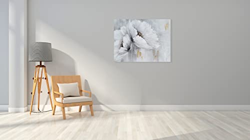 Mybeautywalla Grey And White Poppy Flower Canvas Wall Art - Hand Painted Floral Painting With Gold Foil - Abstract Magnolia Picture For Living Room Bedroom Bathroom Decor #TOP6