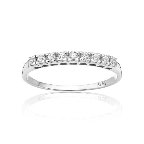 Orovi Anillo Mujer Oro Blanco 9 Quilates, Media Alianza con Piedras Circonitas, Alianza Mujer, Anillos Eternity