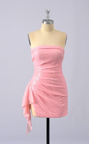 Short Sequin Homecoming Dresses Strapless Sparkly HOCO Dress Ruffle Evening Party Cocktail Gown4