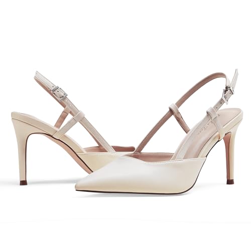 Image of Elisabet Tang Women's Kitten Heel Slingback Low Pumps 3 Inches Stiletto Pointed Closed Toe Elegant Dressy Bridal Wedding Party Shoes