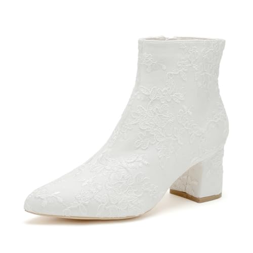 smlekwc Damen Reißverschluss Spitze Brautschuhe Geschlossen Spitz Zehen Kleid Pumps Hochzeit Partei Abschlussball Mittlerer Stämmiger Absatz Stiefeletten,Weiß,38 EU