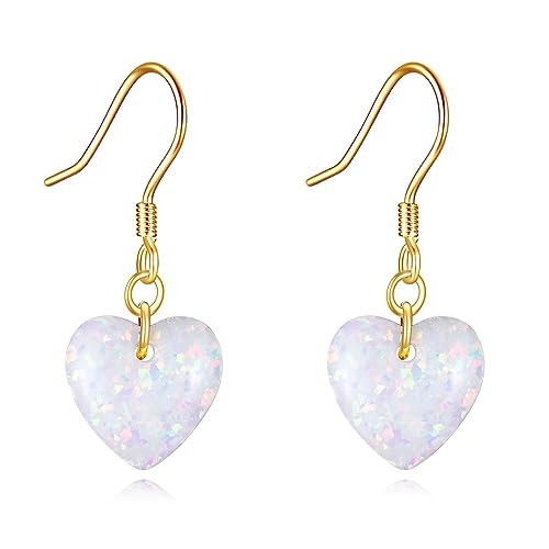 14K Yellow Gold 10X10mm White Opal Drop Earrings Heart Gemstone October Birthstone Dainty Opal Gemstones Earrings Wedding Jewelry Gift for Her