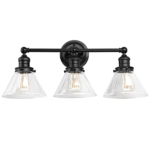 Image of Design House Augustin Vanity Light, 3-Light, Seeded Glass Warm Glow, Dimmable, Up /Down Glow, Easy Installation, E26 Socket, Black, 25.9 in L x 8.3 in D x 11.1 in H, 589036-BLK