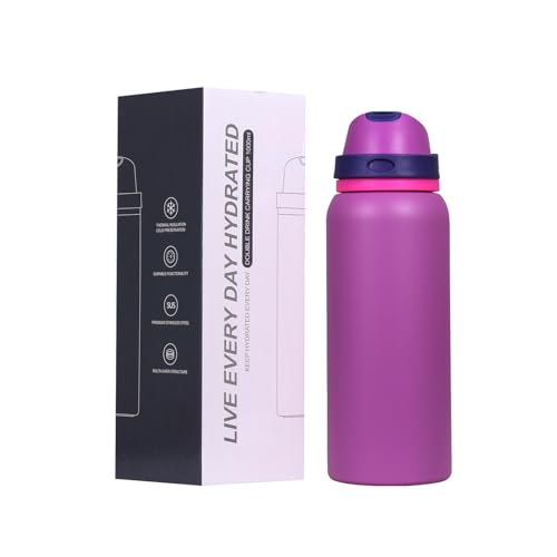 Image of FreeSip Gym Water Bottle with Straw & Chug Lid - Leak Proof Push Button Opening, BPA Free, Large Capacity Sports Bottle with Carry Handle (Purple 33 OZ, 1000 ml)