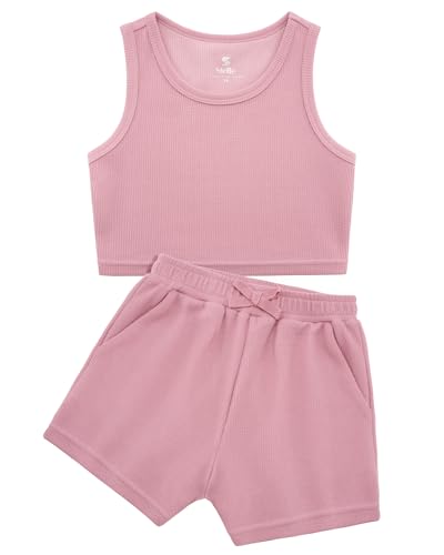 Image of Stelle Girls 2 Piece Outfits Tank Top and Shorts with Pockets 5-15 Years | Girls Ribbed Tops,Crop Tops,Scoop Neck,Sleeveless Tops,Elastic Waist Shorts,Bow Waist,Side Pockets