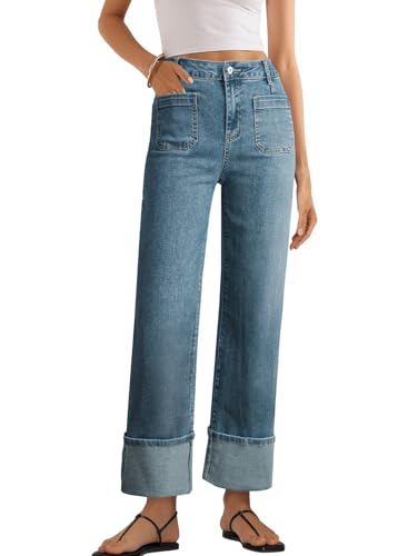 EVALESS Womens Jeans High Waisted Stretchy Cuffed Wide...