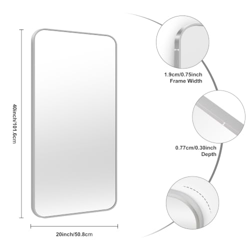 Image of KOCUUY Silver Bathroom Mirror, 20x40 Inch Bathroom Mirror for Over Sink, HD Tempered Glass, Anti-Rust Brushed Silver Frame, Rounded Corner Modern Design for Bathroom, Hang Horizontal /Vertical