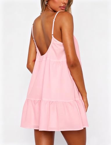 Image of OZICERD Flowy Short Sundress Mini Babydoll Dresses for Women Going Out Tiered Ruffle Beach Spaghetti Strap Swing Dress Cute