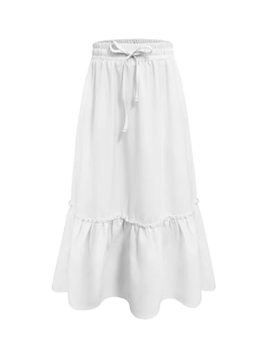 Image of Girls High Waisted Ruffle Maxi Skirt Soft Cotton Long Skirts with Elastic Waistband for Kid Girl 3-12 Years