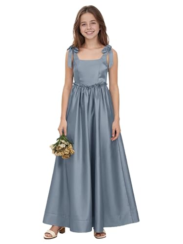 Satin Junior Bridesmaid Dress for Wedding A-Line Spaghetti Strap Square Neck Long Sleeveless Flower Girl Dress