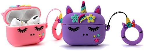 【2 Pack】 3D Pink+Purple Flower Unicorn Case for Airpod Pro/Pro 2nd,3D Cute Airpod Pro Case for Kids Girls Teens Women,Fashion Kawaii Soft Silicone Case for Airpod Pro 2019/Pro 2nd 2022