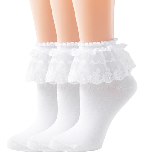Image of Women Ruffle Socks, Soft Comfortable Lace Frilly Fashion Princess Socks with Pearls 3 Pairs