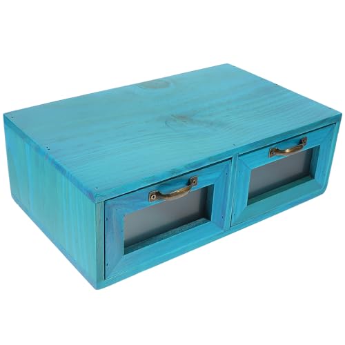 DECHOUS Organizador de Almacenamiento para Escritorio y Tocador en Madera Doble Cajón Azul, Soporte para Maquillaje y Cuidado Facial, Armario Pequeño para Mantener Ordenados Productos