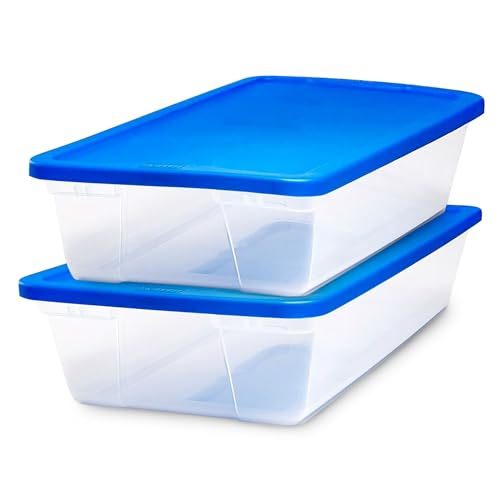 HOMZ 2-Pack Snaplock, Large Clear Plastic Storage Organizer Bins w/Lids, 41 Quart, Blue - Stackable Container Boxes for Bedroom, Bathroom, Garage, and Office Organization