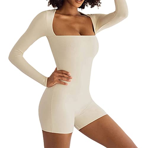 Sastianaen Women’s Y2K Long Sleeve Short Jumpsuit Solid Color Square Neck Romper Bodycon One Piece Bodysuit (A-White, M) #TOP4