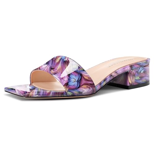 Image of TNYNFBEB Womens Chunky Block Low Heel Open Square Toe Sandals Mules Shoes Slip-on Prom Party Dress Patent Leather 1.4 Inches Heels