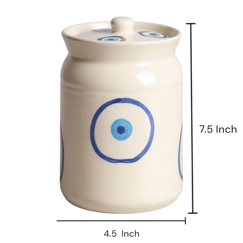 Image of Evil Eye-Shaped Ceramic Storage Jar Set - 2 x 2 KG (2000 ml) - Martban Pickle Container - Kitchen Storage for Pickle, Chutneys and Sauces - Durable, and Easy to Clean (Pack of 2) (Evil Eye)