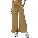 Generisch Hose Damen Sommer Locker Freizeithose mit Schlitz Weite Beine High Waist Yogahose Elegant Stoffhose Elastischer Bund Palazzo Sweathose Bequem für Alltag Yoga Sport Strand