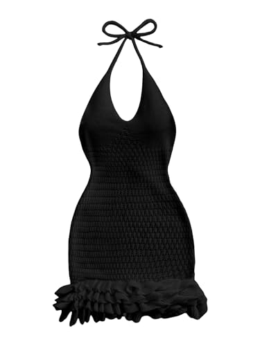 Image of GORGLITTER Women's Vacation Outfit Crochet Halter Knit Bubble Mini Dress Sexy Beach Cruise Summer Miami Resort Outfits