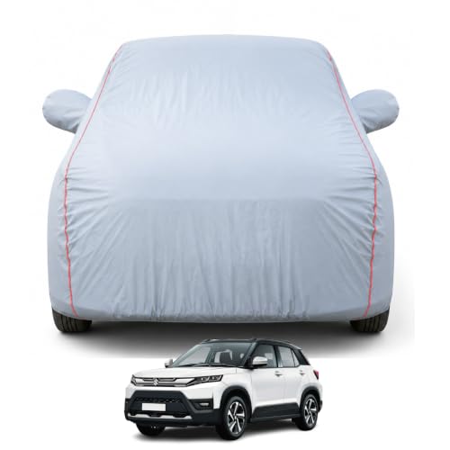 Image of Premium Car Cover for Maruti Suzuki Brezza Facelift Model | 100% Waterproof, UV & Dust Protection | Mirror & Antenna Pocket | Triple Stitched, Soft Inner Lining, Belt & Buckle (Dark Grey)