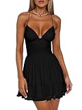 Mokoru Women's Sexy Sleeveless Spaghetti Strap Mini Dress Ruched Ruffle Hem V Neck Short Party Dresses, Large, Black