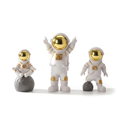 Image of REWOP Astronaut Figurine Set of 3 - Cute Space Theme Desk Decor, Moon Surface Resin Statues for Home, Office, Car Dashboard, Gift for Kids & Space Lovers (Gold)