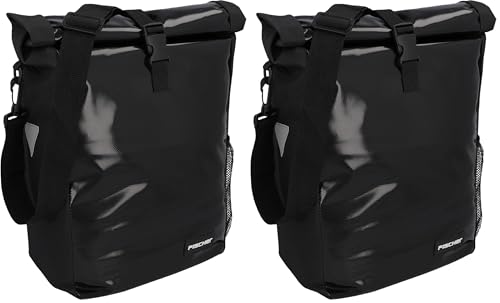 Fischer Fahrrad Gepäckträgertasche Kurier, Fahrradtasche, Umhängetasche, Reflektor, 18 Liter, wasserabweisend, schwarz (Packung mit 2)
