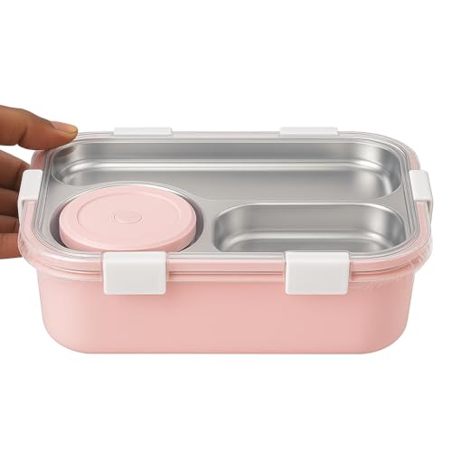 Image of Shark Doo Doo Bento 3 Compartment Stainless Steel Lunch Box with Steel Cutlery Inside | Heating & Water Insulation Design | Leak-Resistant | 750 ML | Office & School (Pink with Chutney Box)