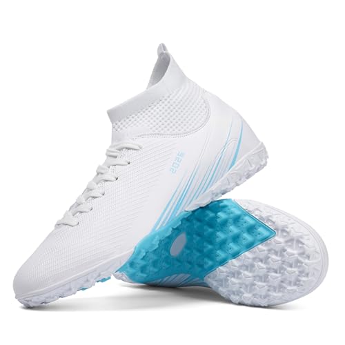 Biayvisas Soccer Cleats for Mens Womens Turf Soccer Shoes Indoor Footall Cleats High Ankle TF AG FG Football Boots Wide Training Sneaker, 2501 Tf White, 11 Women/9.5 Men