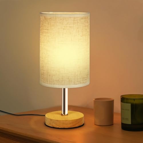 SurezoTich Bedside Lamp, USB Bedside Table Lamp, Warm Light Small Table Lamp, Wooden Base Linen Fabric Shade, for Bedroom Kids Room Living Room Nightstand Home Office, On-Off Switch