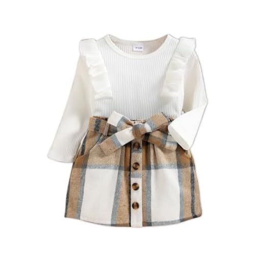 PATPAT 2Pcs Toddler Girl Trendy Ruffled Ribbed Long-sleeve Tee and Plaid Button Design Plaid Skirt Set White 3-4 Years