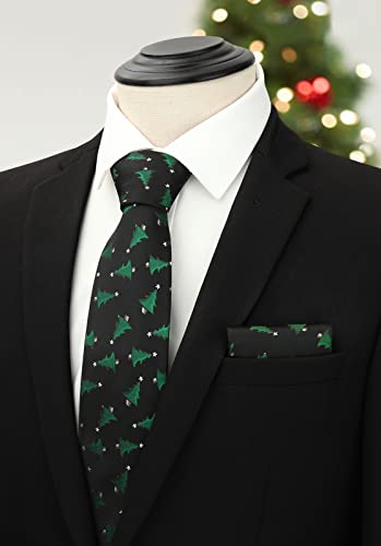 Hisdern Green Tree Christmas Ties For Men Holiday Festival Necktie Boys Funny Vacation Xmas Tie Handkerchief & Pocket Square Set For Party #TOP1