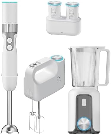 Cordless Food Processor Set, 1 Cordless Hand Blender, 1 Cordless Hand Mixer, 1 Cordless Blender for Smoothies, 2 Rechargeable Batteries,1 Fast Charging Base, Home Appliance Set, Tech Kitchen, White