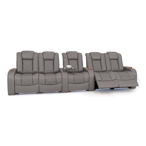 Image of Seatcraft Virtuoso LT Gray Italian Leather Home Theater Seating, Zero Gravity Power Recliner, Heat and Massage, Powered Headrest and Lumbar Gaming and Home Office Chair, Row of 5 Dual Loveseats