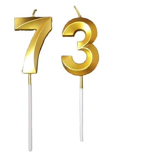 Image of ToyUniverse Number 73 Gold Candle | Seventy Three Number Candle | Number 73 Metallic Gold Candle for Seventy Third Birthday,Anniversary, Surprise Party Cake Decoration Candle (Pack of 2,Number 73)