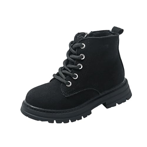 Girls Lace-Up Work Boots, Kids Outdoor Hiking Boots Fashion Urban Style Black