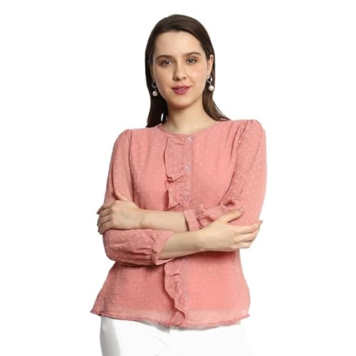 Image of PRETTIFY Women's Regular Fit Solid Embroidery Georgette Waist Length, 3 /4 Sheer Sleeve, Round Neck Casual Wear Western Shirt Top for College /Office Girls