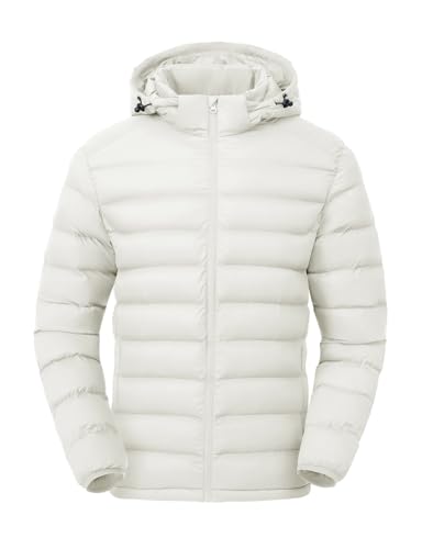 TBMPOY Men's Lightweight Puffer Down Jackets Detachable Hood Water-Resistant Winter Coat Hooded Insulated for Travel Ski White XL