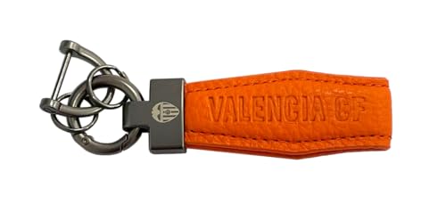 Valencia CF Llavero de piel. Producto Oficial, Naranja y Acero, con Mosquetón de Seguridad y Destornillador,Medidas 11 x 3cm en Caja de Regalo