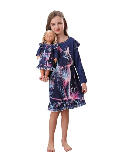 Bow Dream Toddler Girls Casual Dress Cute Cat with Matching American Girl Doll Clothes for Girls Navy