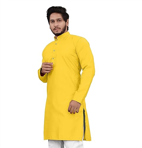 Image of Cotton Blend Full Sleeve Long Plain Kurta for Men