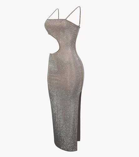 Image of Jigfar Women Sexy Elegant Rhinestone Mesh See Through Party Club Night Split Bodycon Formal Maxi Dress