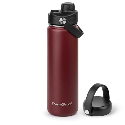 Image of ThermoProof Double-Walled Vacuum Insulated Stainless Steel Water Bottle - Wide Mouth with Chug & Spout Lids, Dishwasher Safe, Reusable, Leakproof, Hot & Cold for Men, Women & Kids - 22oz, Burgundy