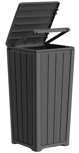 LHBGO Outdoor Trash Can with Lid, Waterproof Resin Garbage Can with Tiered Lid, Outside Trash Bin for Patio, Kitchen, Backyard or Deck